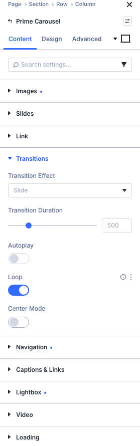 Content tab, Center Mode off