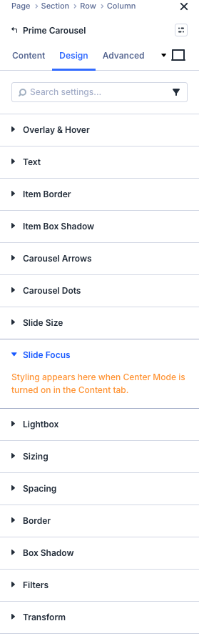 Design tab, Slide Focus empty-state notice