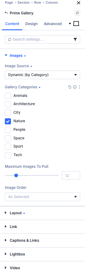 Image Source set to Dynamic, Gallery Categories checklist expanded