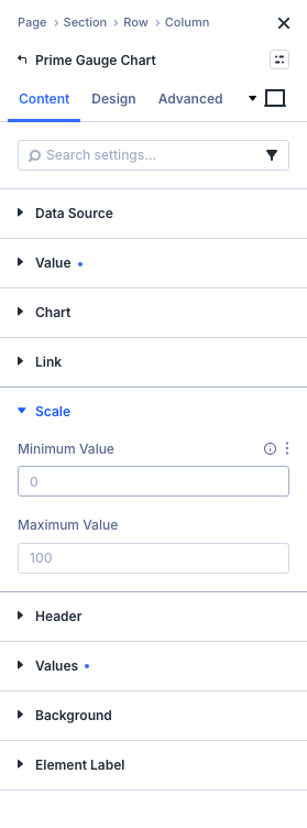 Content tab: Scale group (Minimum Value / Maximum Value)