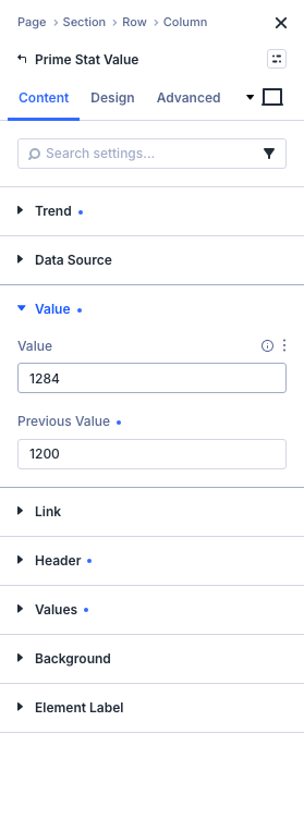 Content tab: Trend group with Show Trend on, revealing Previous Value (note: Previous Value actually lives in, and is conditionally revealed inside, the Value group — “Trend” holds only the Show Trend toggle itself; the screenshot still shows the described state)