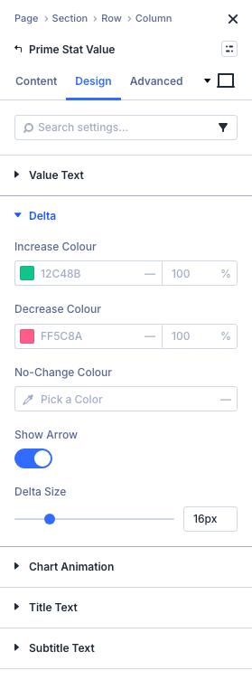 Design tab: Delta group (increase/decrease/no-change colours, arrow toggle)